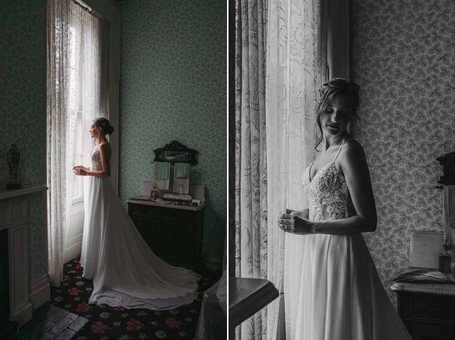 bride standing in front of window at Kelton House Wedding