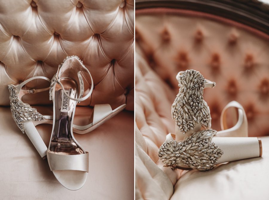 badgley mischka rhinestone shoes on victorian couch at The Kelton House