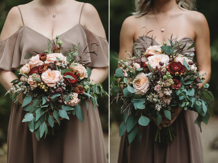 fawn colored bridesmaid dresses with fall bouquets at Kelton House Wedding
