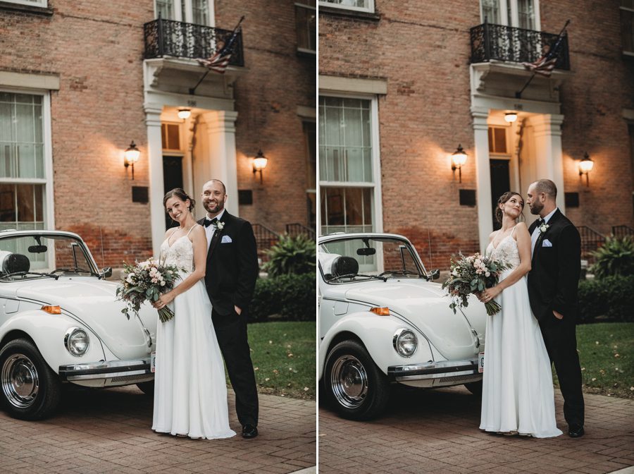 bride and groom with Volkswagen Beetle car