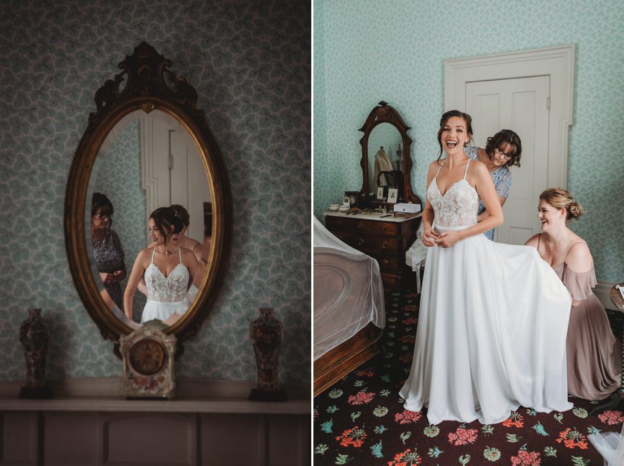 maid of honor helping bride get into wedding dress