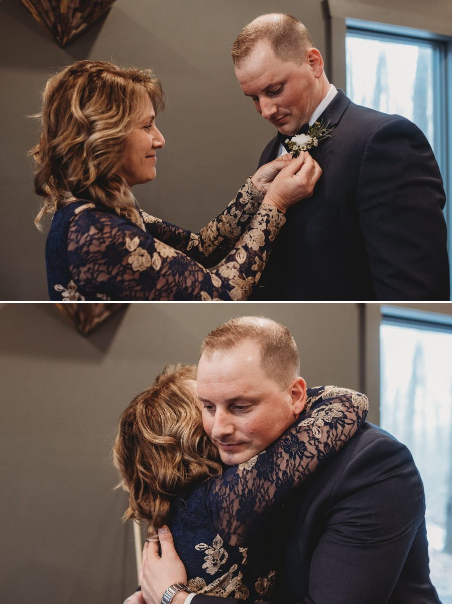 mother of groom putting on grooms boutonnière