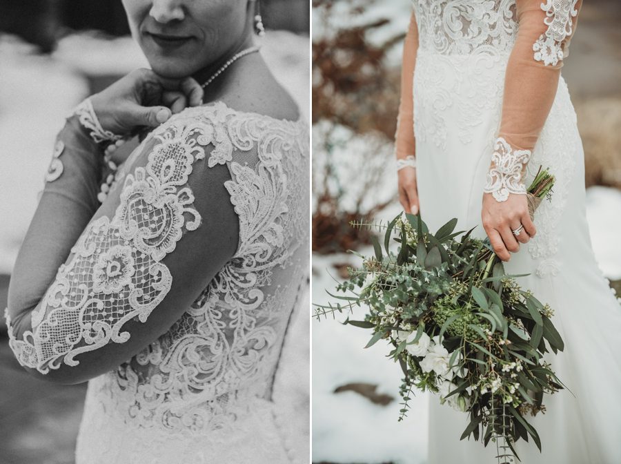 close up black and white image of lace on brides wedding dress sleeve