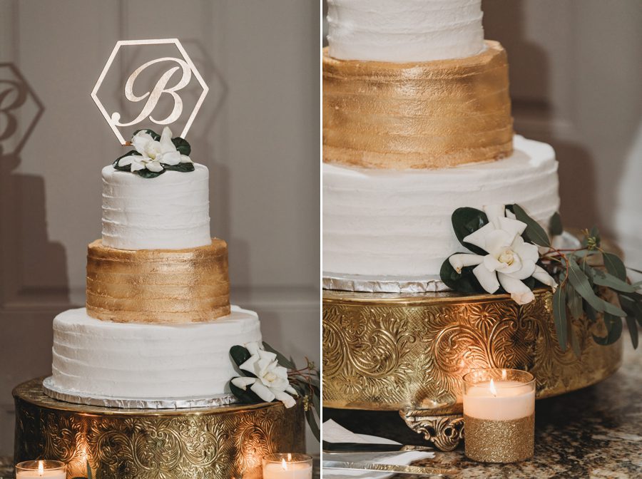 white and gold layered wedding cake