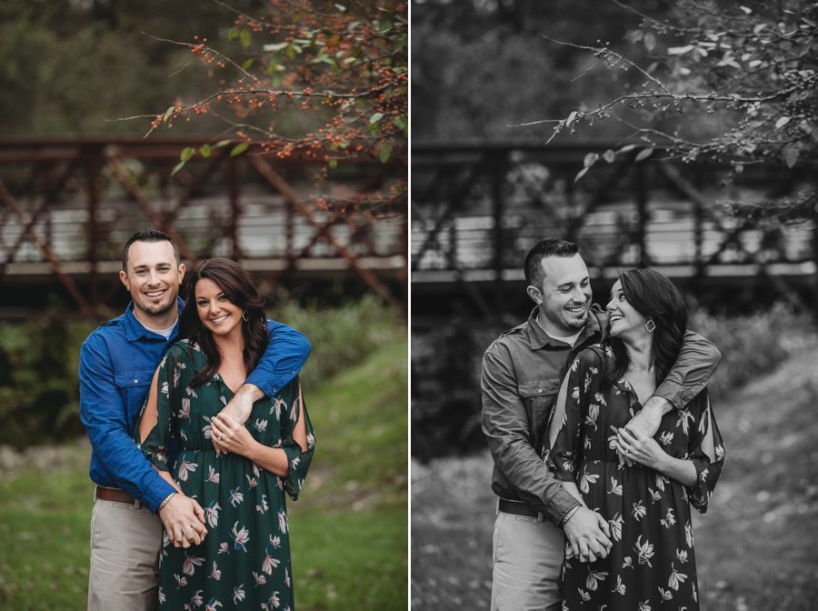 groom to be with arm over fiancés shoulder at Newark Ohio Engagement Photos