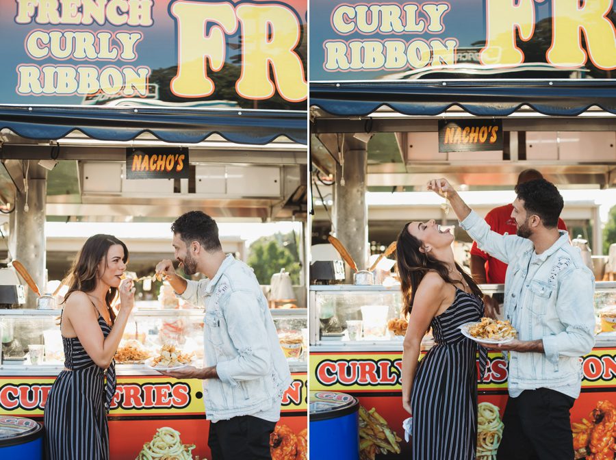engaged couple sharing a funnel cake at the Ohio state fair