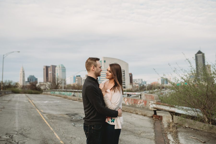 engaged couple on abandoned freeway in Columbus Ohio