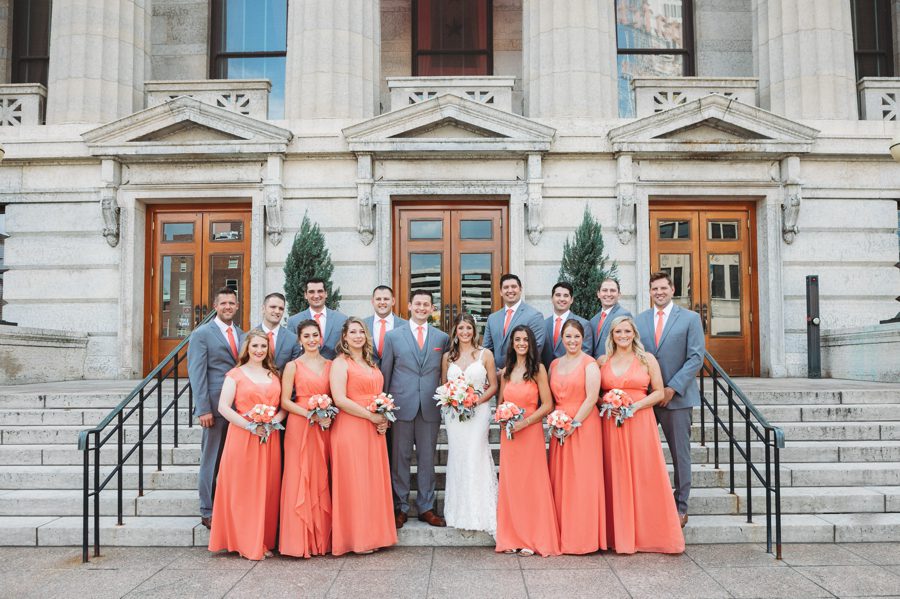 sunset coral and grey wedding party at The Ivory Room Columbus Ohio