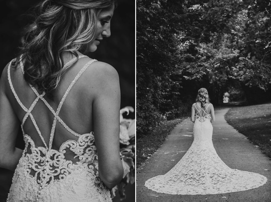 black and white image of back of wedding gown at The Ivory Room in Columbus Ohio