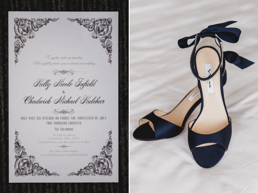 navy blue wedding shoes and navy blue wedding invitation