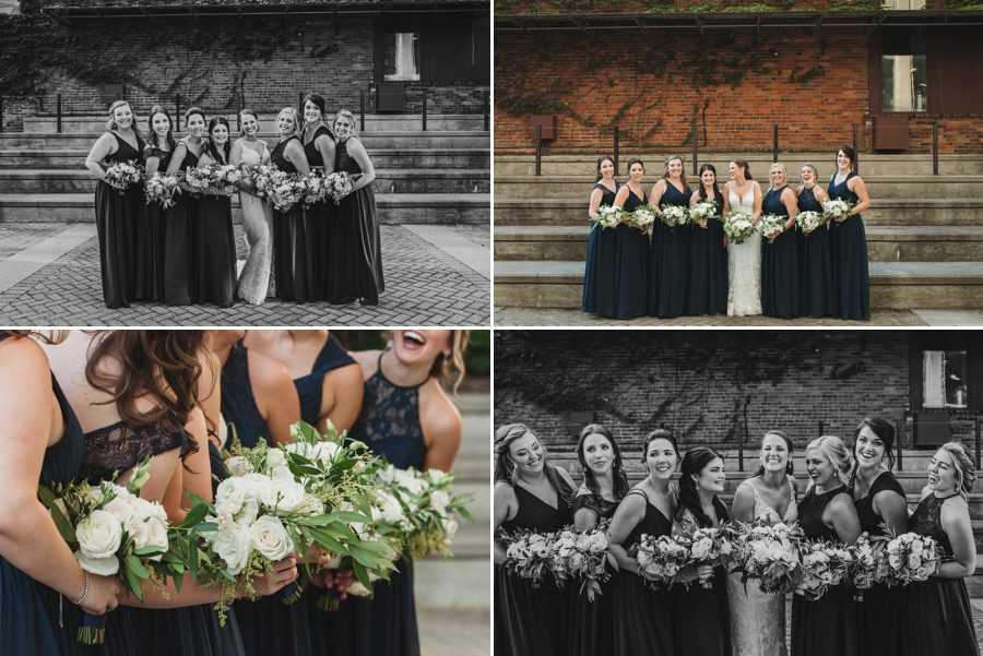 bride with bridesmaids in navy blue at The Vue Columbus
