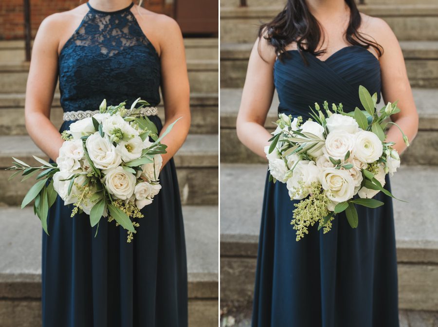navy blue bridesmaids dresses with white and green bouquets