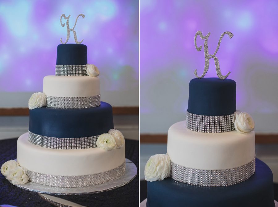 navy blue and rhinestone wedding cake