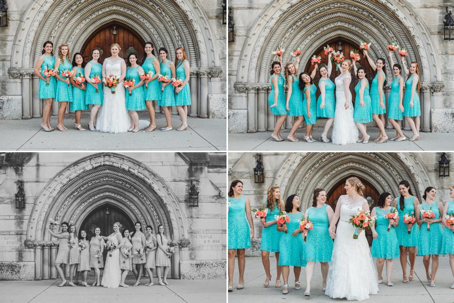 bridesmaids in front of the bluestone at Tiffany Blue Wedding