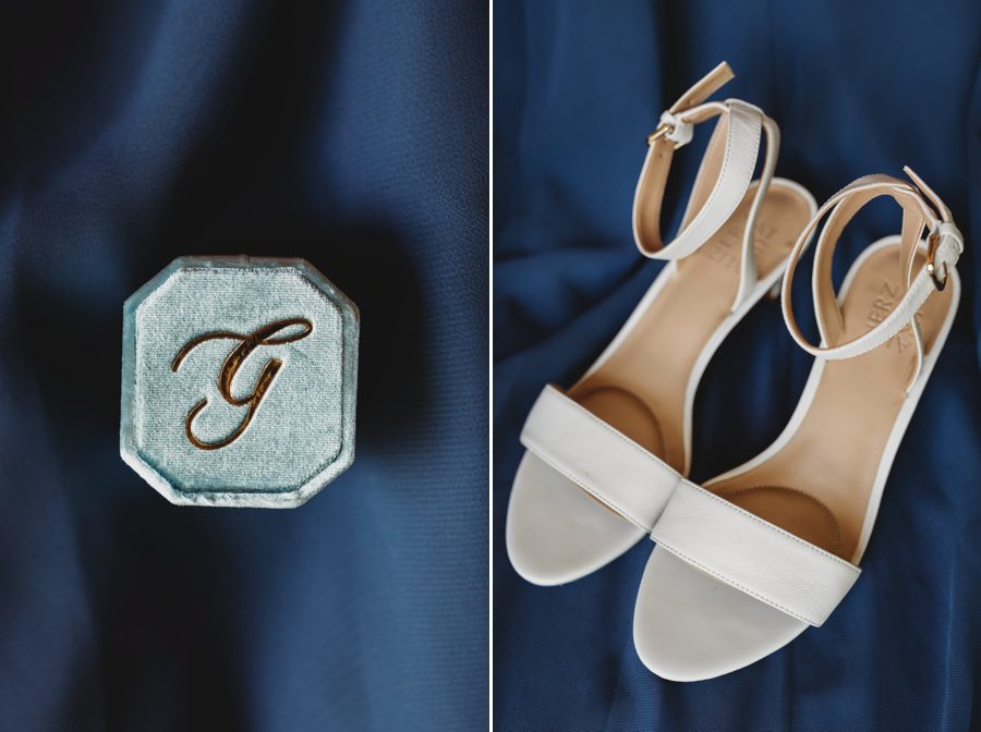 Kelsey's minimalist wedding shoes on navy blue chiffon
