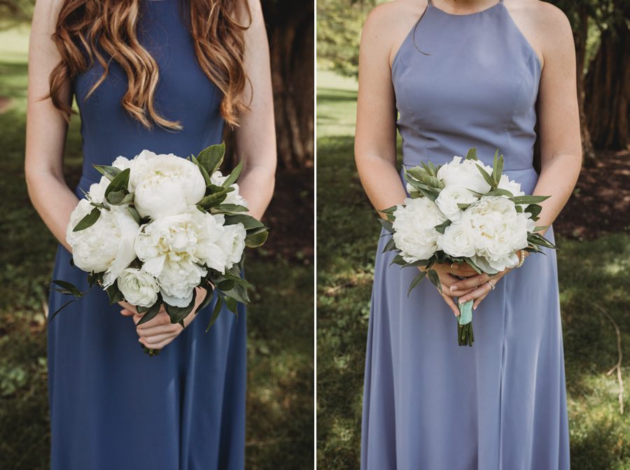 Navy blue and dusty blue bridesmaids dresses with white peony bouquets at The Darby House in Columbus, Ohio