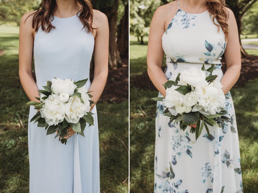 Baby blue and white and floral patterned bridesmaid dresses with white peony bouquets at Columbus, Ohio Darby House
