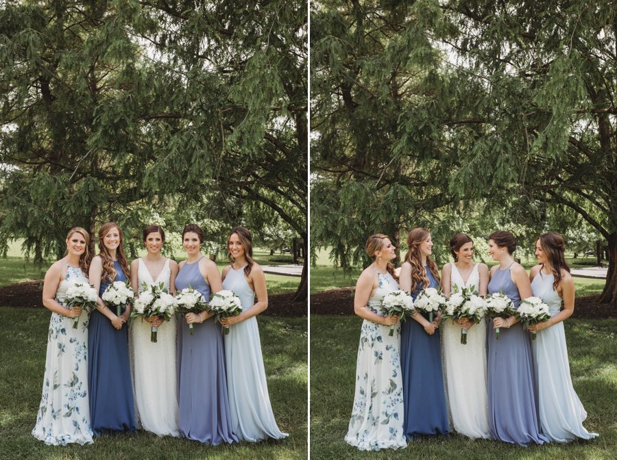 Columbus, Ohio Darby House bridesmaids posing with bride under large tree