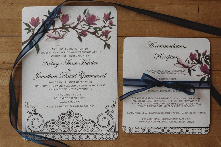 Kelsey and Jon's Charleston, SC. inspired wedding invitation with a magnolia tree