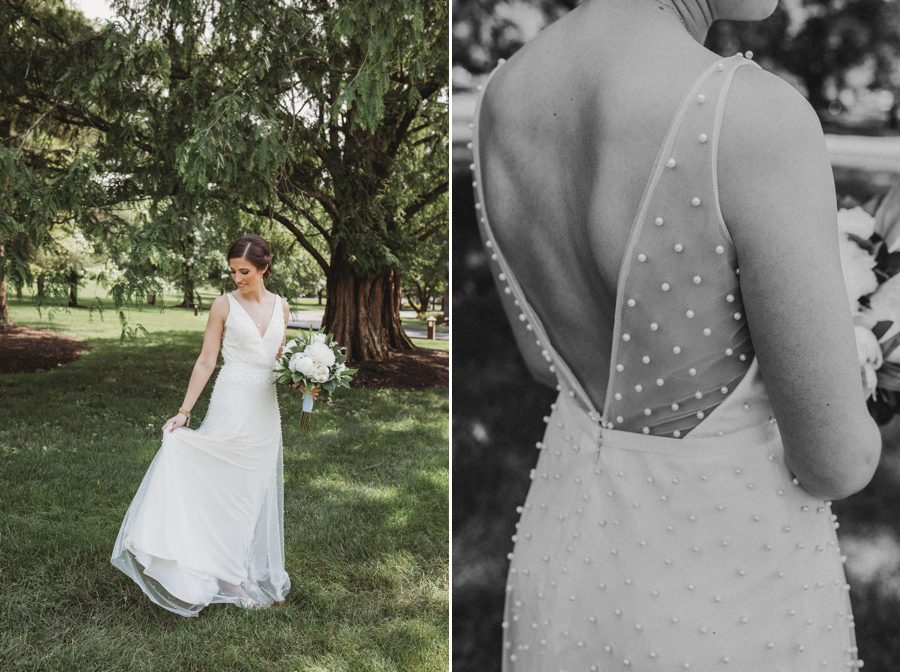 Kelsey's pearl sewn wedding dress in black and white