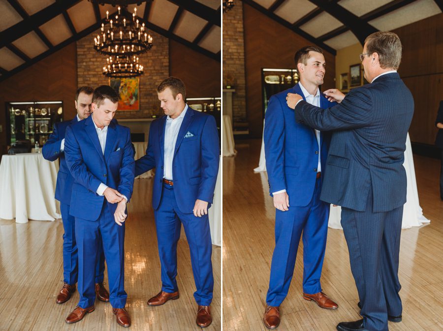 Candid moment of Jon's father helping him adjust his suit