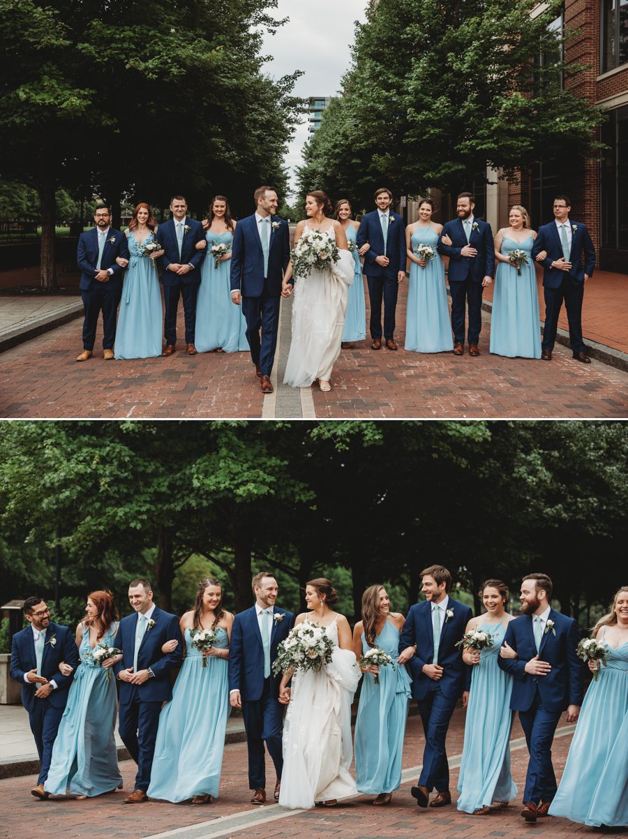 Candid capture by Forget Me Knot Photography of wedding party on brick road