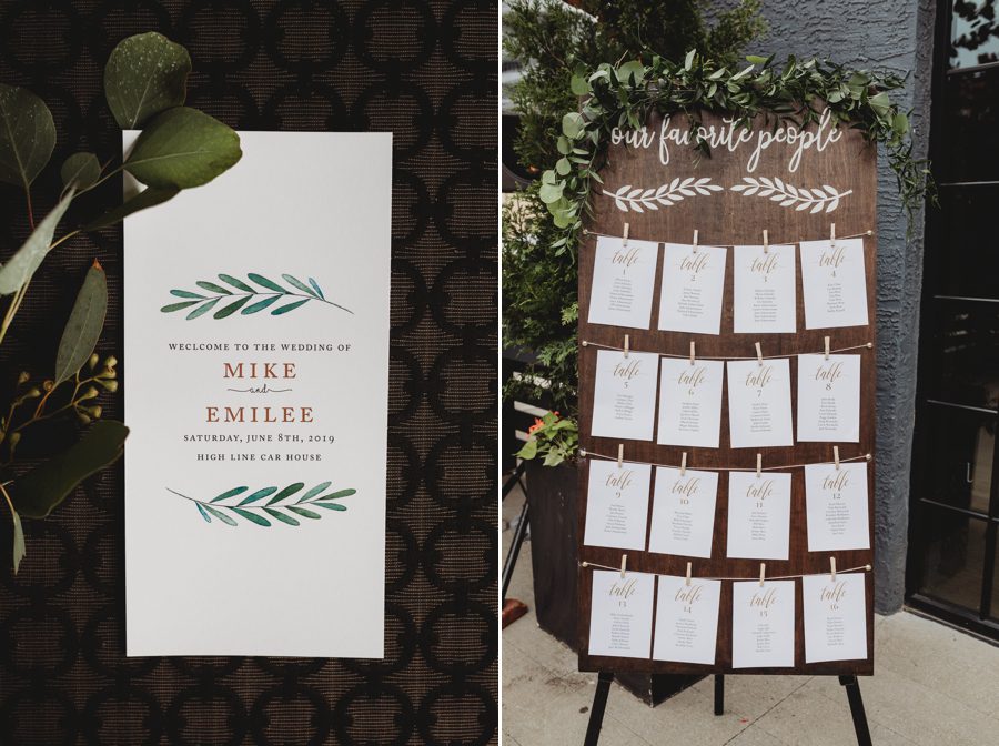 Wooden sign holding cards of the seating chart for High Line Car House wedding