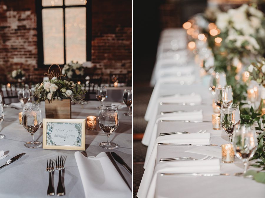 white table linens and white napkins with gold candle accents for table setting