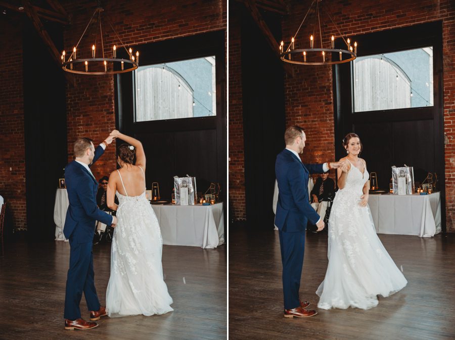 Michael twirling Emilee during their first dance at High Line Car House