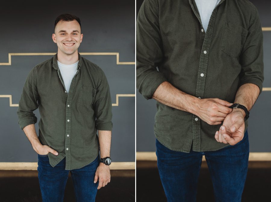 man in olive green button up shirt on grey and gold wall