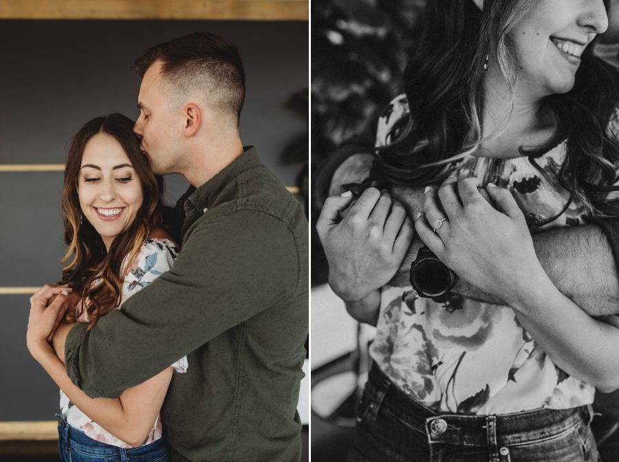 man kissing side of fiancés head at Huntington Park Engagement Photos