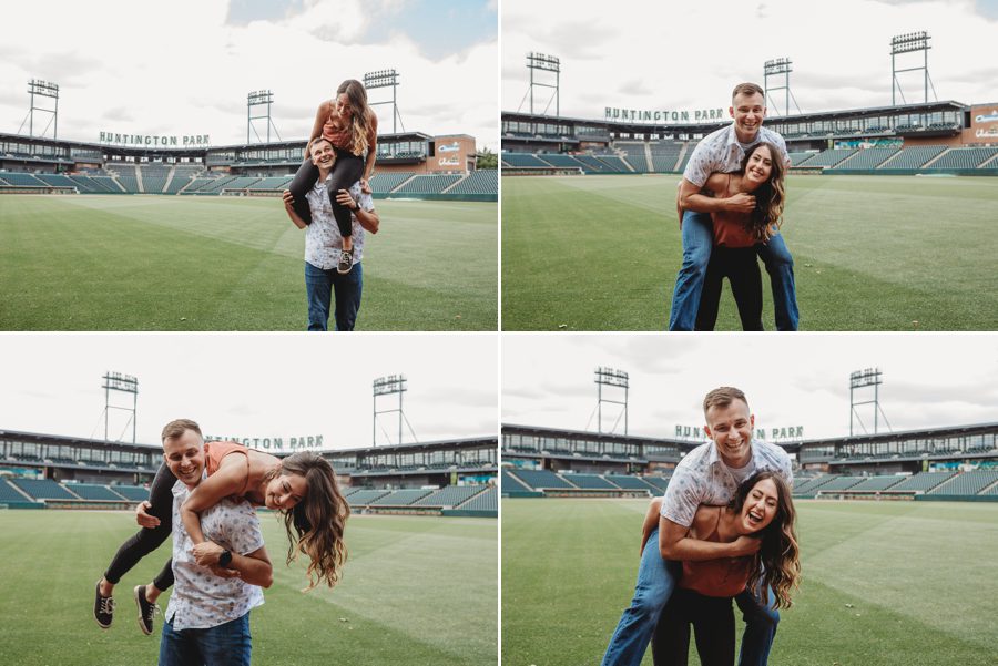 candid piggyback photos of engaged couple at Huntington Park Engagement Photos