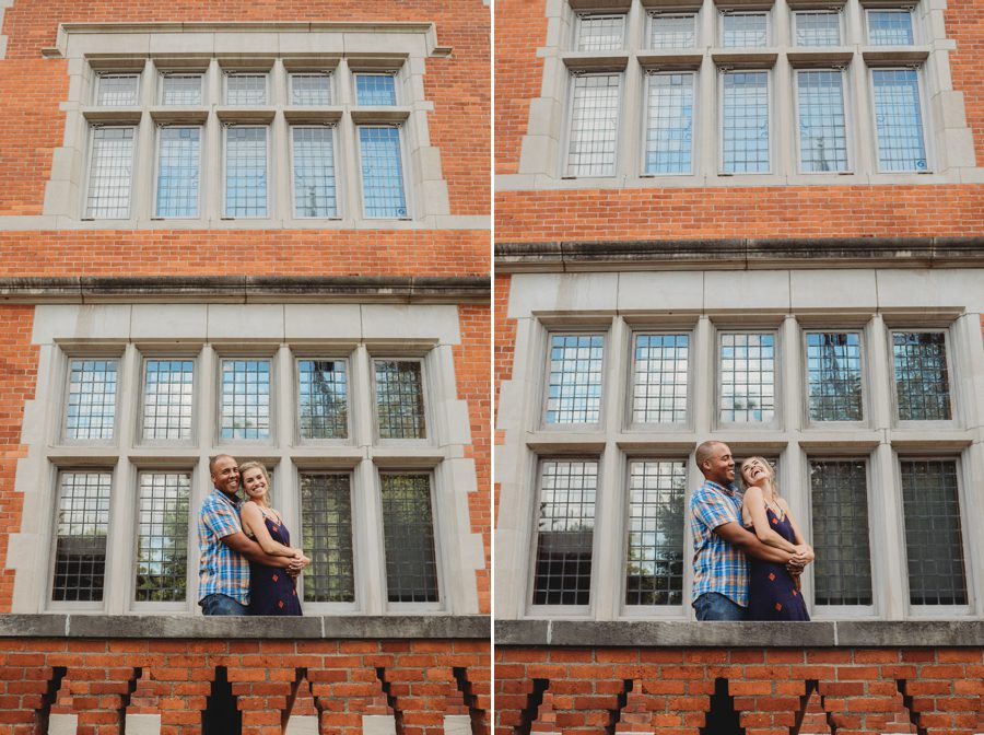 wide angle of Sean hugging Rachel in front of Jeffrey Mansion for their Engagement Photos