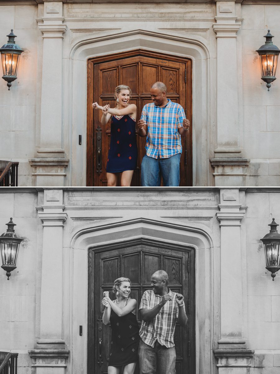 Candid moments of Rachel and Sean pumping hips in front of wooden door at Jeffrey Mansion