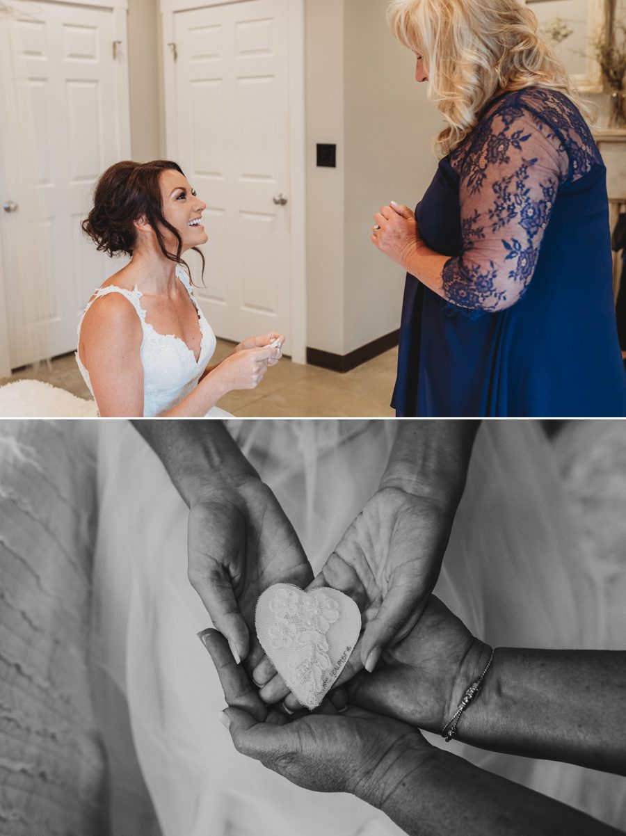 Cortni's mother giving her a heart shaped piece of her wedding gown to carry with her on her wedding day