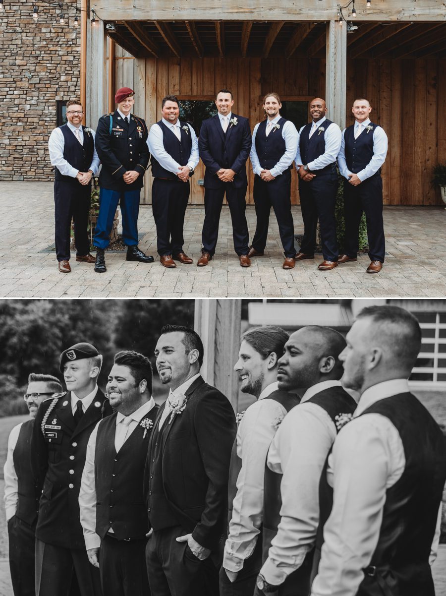 Darren with his groomsmen on the back patio of Rusty River Barn