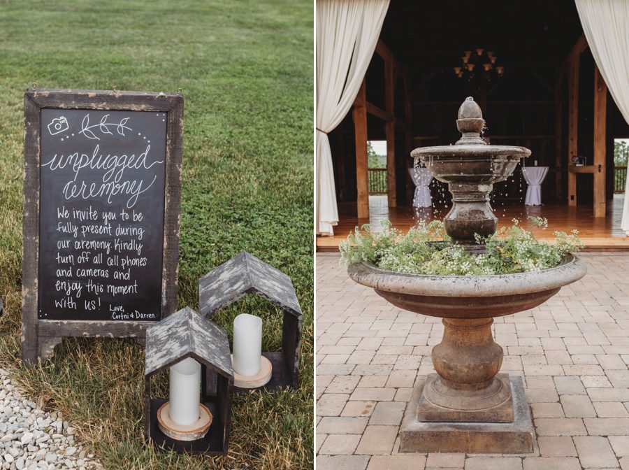 Water fountain at Rusty River Barn and unplugged ceremony chalkboard sign