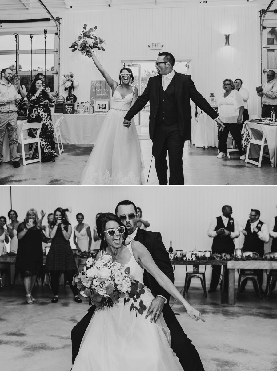 Black and white candid captures of Cortni and Darren entering their reception at Rusty River Barn