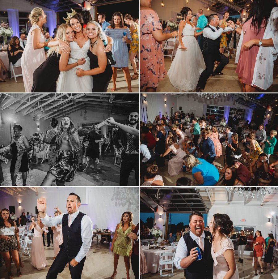 Cortni and Darren dancing with their friends at their reception at Rusty River Barn