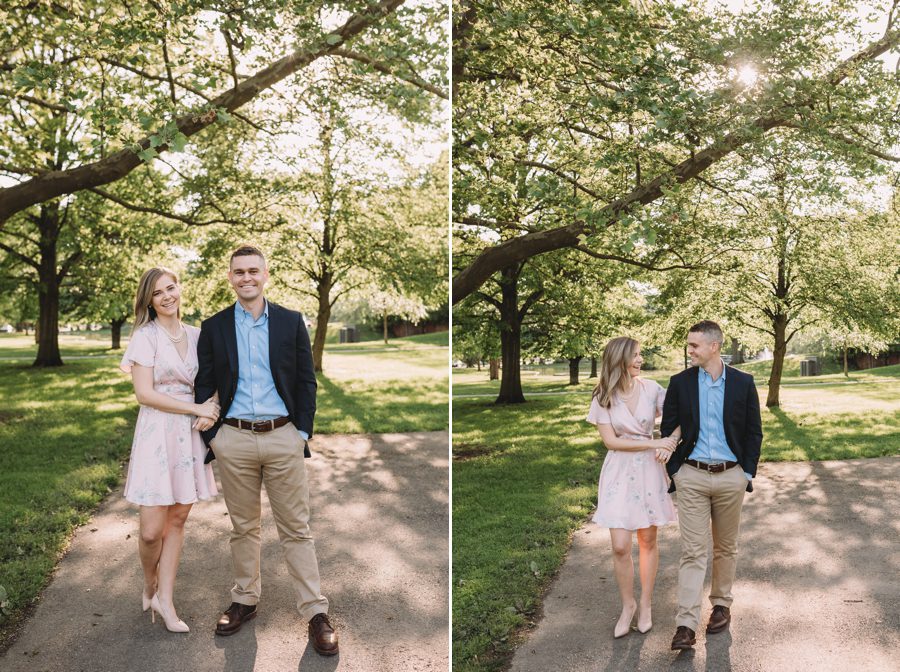 engaged couple walking on path at Schiller Park engagement photos