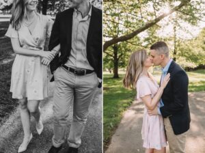 engaged couple kissing on walking path with sunset at Schiller Park Engagement Photos
