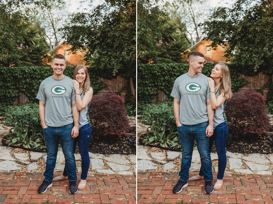 woman standing behind and to the side of fiancé at Schiller Park Engagement Photos